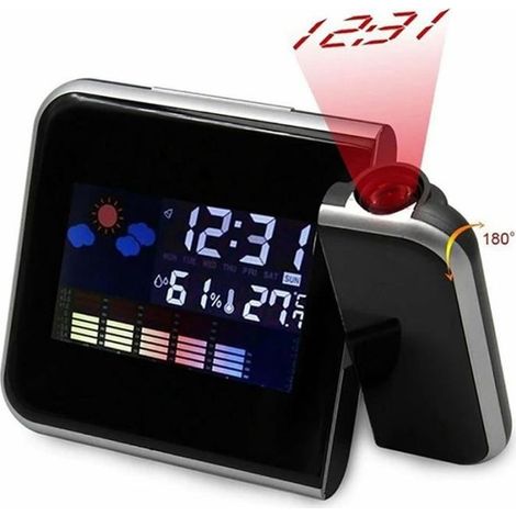 Réveil Projecteur Numérique Noir Radio FM Plafond LED Calendrier Prévu Multifonction - Météo (1/3)