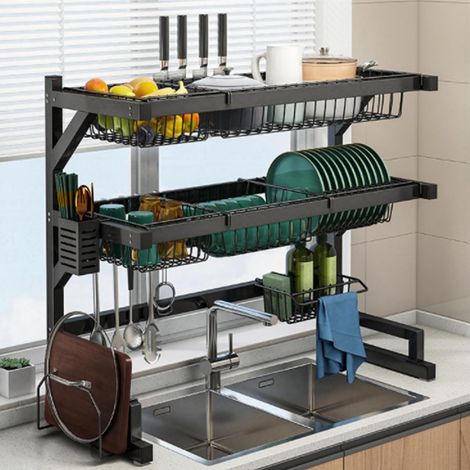 Large capacity 2-tier stainless steel dish drainer with utensil holder, drainer and knife holder (85 cm double layer) (1/5)
