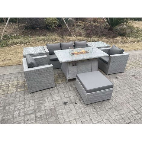 Fimous 6-Sitzer Polyrattan Gartenmöbel Set im Freien Gas Feuertisch Sofa Sets mit 2 Sessel 2 Beistelltisch Großer Hocker Helles Grau (1/5)