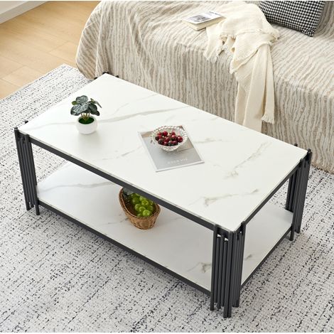 Tavolino da caffè rettangolare in MDF e metallo, effetto marmo, 2 livelli, bianco e nero OKMYHOME (1/5)