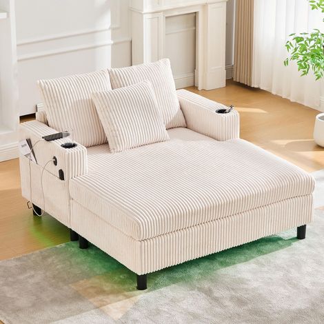 Chaise longue spacieuse et confortable avec porte-gobelets latéraux, ports USB et éclairage d'ambiance LED intégré – idéale pour le salon, la chambre ou la véranda.