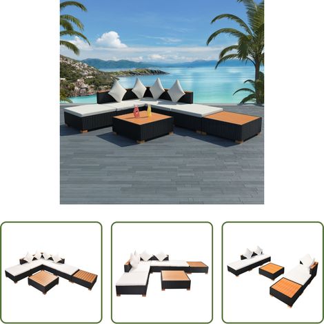 Canapé en rotin - Salon de jardin 7 pcs avec coussins Résine tressée Noir (1/5)