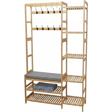 Porte-manteau banc avec crochets 175 x 104 x 33 cm grand rangement pour couloir style naturel en bambou beige (1/4)