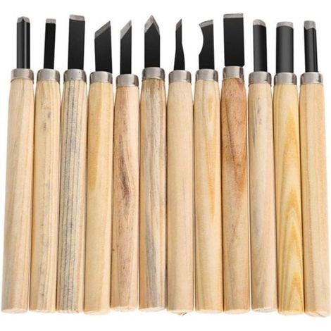 HONORNIC - 12pcs Outil de Gravure Sur Bois Sculpture Tool Sur Bois Main Gravure Sur Bois Manche en Bois Couteaux à Découper Pour Sculpteur, (1/5)