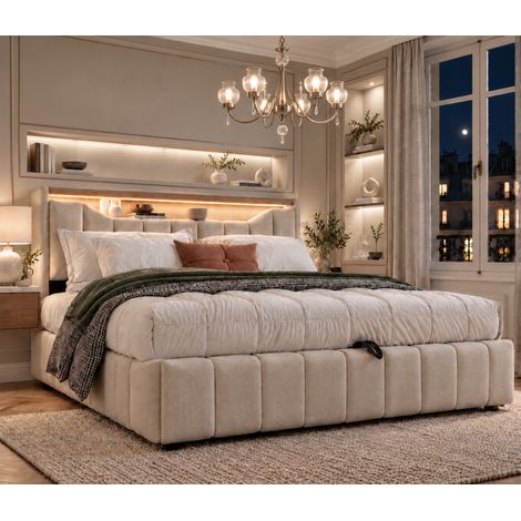 Lit adulte 180 x 200 cm, lit coffre, rangement hydraulique, étagères ouvertes, éclairage LED, ports USB et USB-C, sommier à lattes inclus, lin, beige