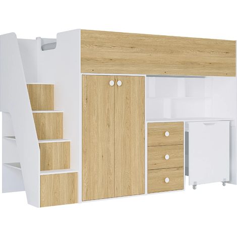 Letto a soppalco 90 x 190 cm con armadio e scrivania - Bianco e naturale - LANILATO (1/5)