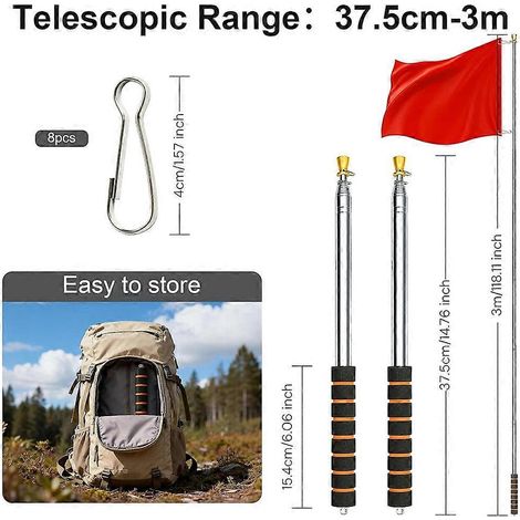 Mât télescopique de 3 mètres, mât télescopique portatif avec 4 clips et une poignée antidérapante, adapté au camping et aux activités guidées. (1/3)
