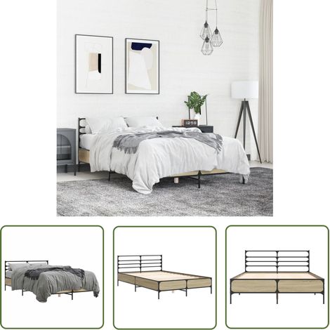 The Living Store Bettgestell Sonoma-Eiche 140x200 cm Holzwerkstoff und Metall - Holzbettfassungen - Bettenrahmen - Doppelbett - Eiche Möbel - Schlafzimmer Dekoration (1/5)