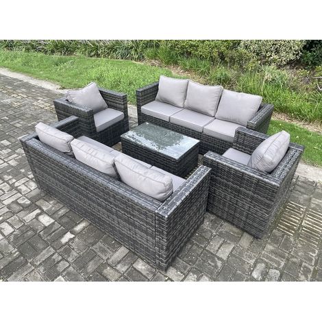 Fimous Wicker PE Rattan Sofa Set Outdoor Patio Garden Furniture with 2 Armchairs Oblong Coffee Table Dark Grey Mixed (1/5)