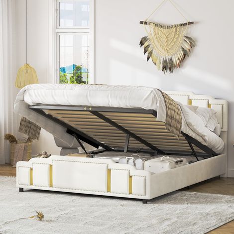 Cama baúl 140x200 cm con almacenamiento hidráulico y LED, de terciopelo, beige, sin colchón (1/5)