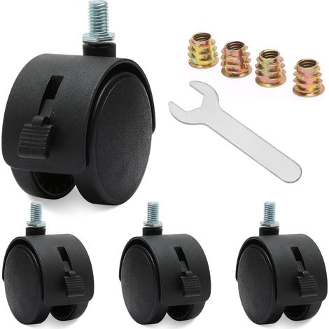 Lot de 4 roulettes pivotantes en nylon avec frein, 5,1 cm, noires avec écrou de tige fileté M7.5 et clé, noir (1/5)