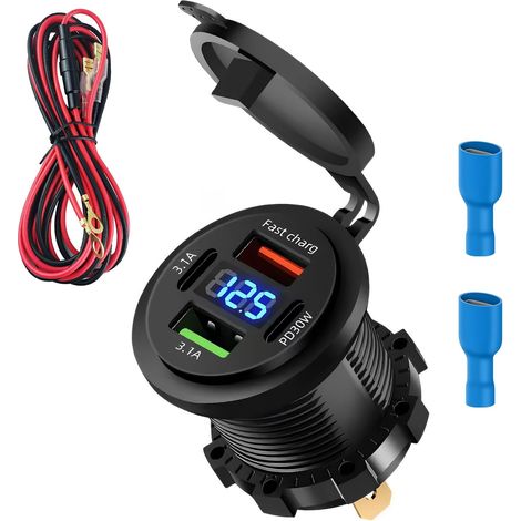 Prise de Chargeur Voiture USB 12V/24V 66W, PD 3.1A 30W avec LED Voltmètre (1/5)