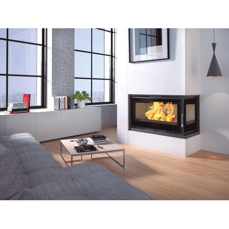 Insert à bois d'angle - FIREMATIC Eden-D 13.3 kW  Foyer en fonte - Avec vitre ROBAX NightFlame