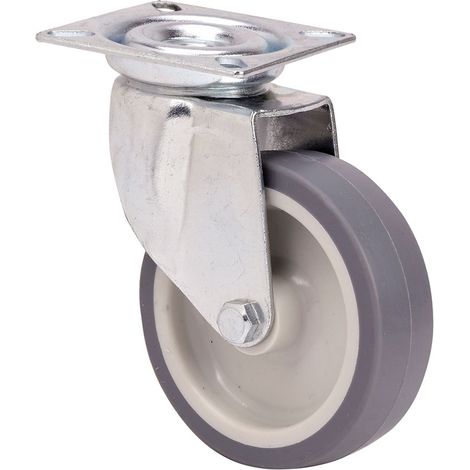 Gummi-Lenkrolle mit Platte und glatter Achse, grau, max. Tragkraft 60 kg. ø 8 cm