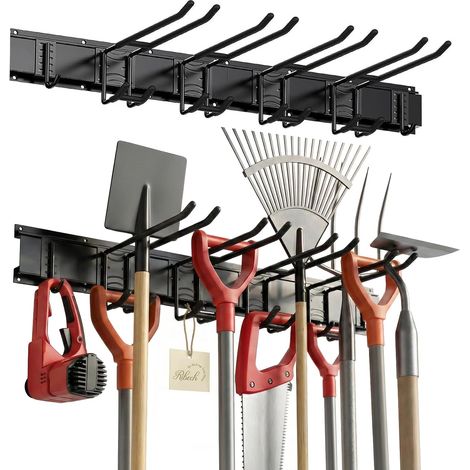 Range-mural pour Outils de Garage – Rail de Rangement 81 cm avec 6 Crochets (2 Types), Crochets Caoutchoutés, Capacité 140 kg, pour Outils de Jardin, Skis, Balais, Pelles – Fixation Murale (1/5)