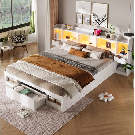 Cama 180x200 cm de MDF y contrachapado blanco con almacenaje LED, sin colchón - CHICFURN (1/5)