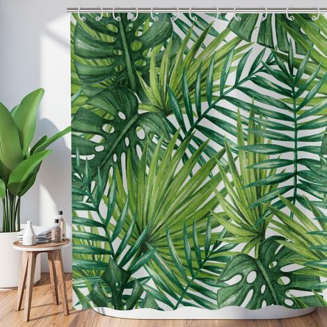 Rideau de Douche Feuilles Tropicales, Feuilles de Palmiers Verts Rideau de Douche Jungle Plante botanique Rideau de Baignoire Imperméable (1/5)