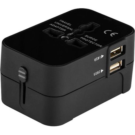 Adaptateur de voyage international universel avec 2 ports USB, convertisseur de chargeur mural, idéal pour les vacances en famille, noir. (1/5)