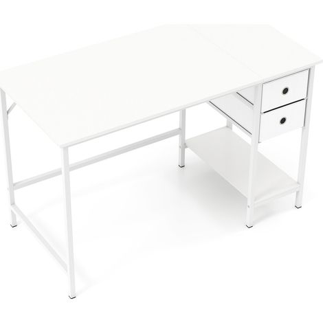 Bureau d'ordinateur blanc en bois et métal avec 2 tiroirs, étagère et crochet, 120 x 60 x 75 cm pour bureau, chambre et étude (1/2)