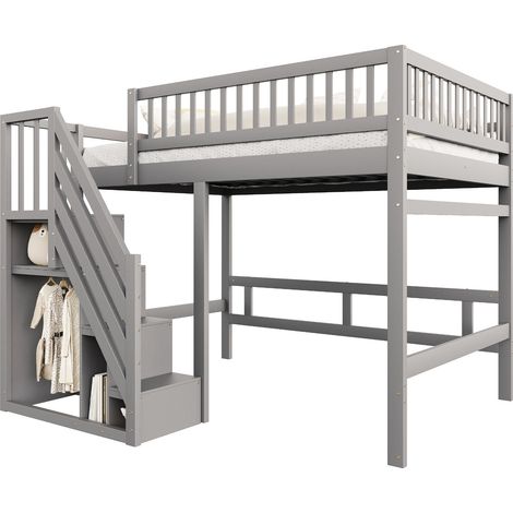 Lit mezzanine 140x200 en bois gris avec escalier de rangement, garde-corps haut et espace sous le lit pour chambre enfant ou ado, gain de place CHICFURN (1/5)