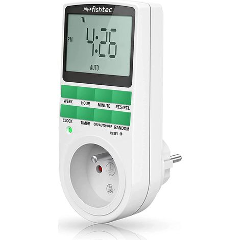 Fishtec – Prise programmateur digital 10 programmes – Minuteur LCD 3680W 16A – Mode aléatoire – Économie d'énergie