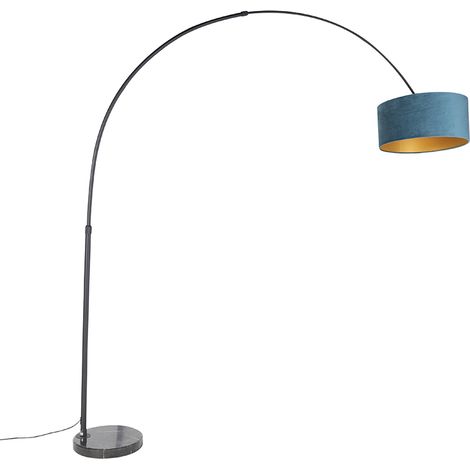 QAZQA Arc Lamp Black Velvet Lampshade Blue with Gold 50 cm - XXL
