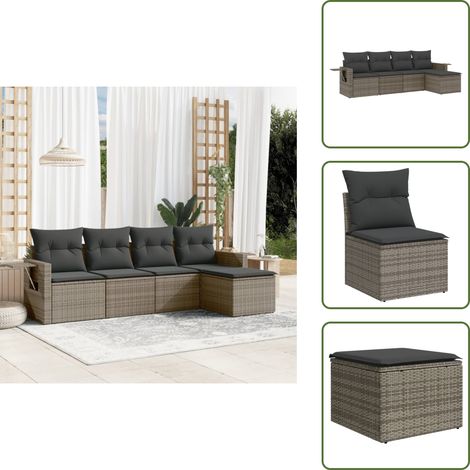 The Living Store Salon de jardin 5 pcs avec coussins gris résine tressée - Ensemble Salon De Jardin - Salon Extérieur - Mobilier De Jardin - Canapé Jardin - Chaise Lounge