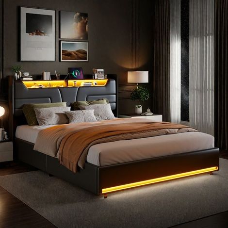 Bett mit Stauraum 140x200 cm Bettgestell mit Lattenrost und Kopfteil Stauraum Doppelbett 140x200 cm für 2 Personen Bett 140x200 cm Schwarz