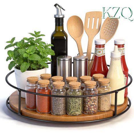 Organiseur de Plateau Tournant en Bois 23cm pour Cuisine Comptoir Table à Manger Garde-Manger Placard Salle de Bain Café Bar Décoration Intérieure - KZQ (1/5)