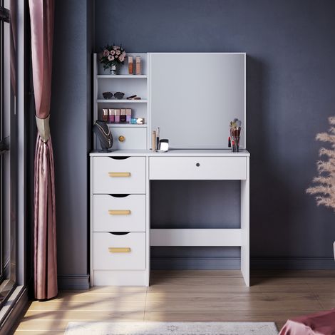 ELEGANT Modern Sliding Mirror Dressing Table 5 Drawers Bedroom White Makeup Desk Single Table (1/5)