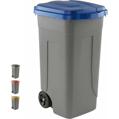 Bidone spazzatura da 80 Litri in Plastica Resistente con 2 ruote - Pattumiera con Coperchio a Clip e 4 Ganci Fermasacco - Colore Blu (1/5)