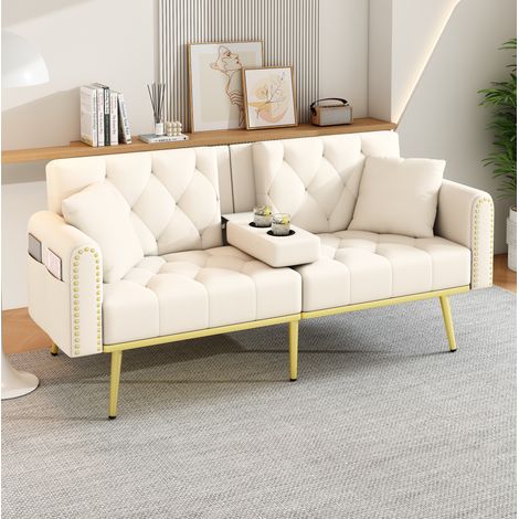 Divano letto, divano da 2 posti con schienale regolabile a 3 posizioni e portabicchieri, in velluto, beige (1/5)