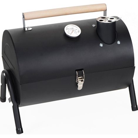 Gril de camping compact avec thermomètre et cheminée 35 x 41 x 29 cm cuisson directe en acier noir (1/3)