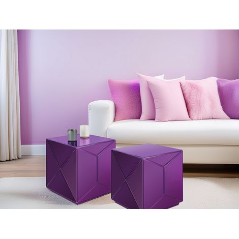 Kleiner Würfel Beistelltisch 2er Set mit Spiegelglas Lila, Höhe 40cm (1/5)