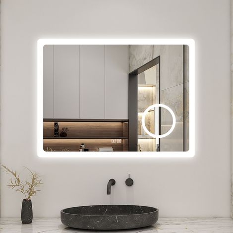 AICA Specchio da Bagno da Parete Touch, Specchio da Bagno Illuminato a LED 80 x 60cm, Luce tricolore regolabile, Bluetooth, lente d'ingrandimento (1/5)