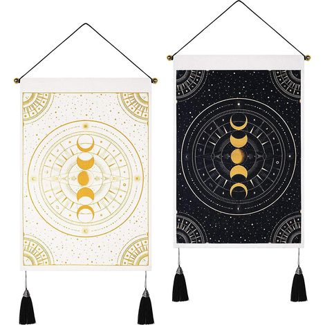 Set aus 2 Wandteppichen mit Mondphasenmotiven, Wandteppich mit Mond und Sternen, schwarz-weißer Wandteppich, Himmelsmotiv