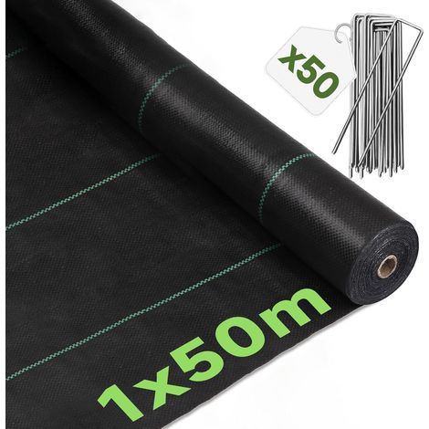 Mulching Cloth 1 x 50 m with 50 Pegs – Woven Garden Geotextile 100g/m² Against Weeds, Permeable and Tear Resistant – for Long Vegetable Gardens and Wide Paths (1/5)