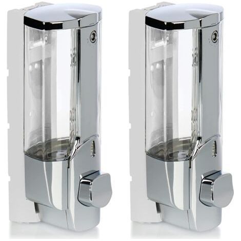 Dispensador de jabón de pared 2x – Recargable 380ml – Instalación fácil con tornillos y tacos – Para gel de ducha y lociones (cromado) (1/5)
