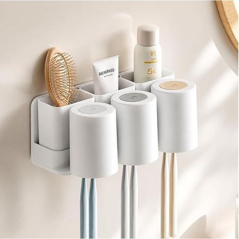 GDHZS- Porte Brosse à Dents Mural Adhésif, avec 3 Tasses et 3 Compartiments de Rangement Amovibles, Support Hygiénique Familial pour Brosses à Dents,blanc (1/5)
