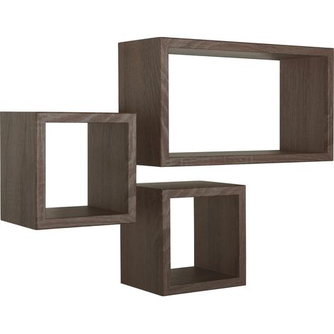 Set 3 Mensole Cubo da Parete Quadrato e Rettangolare in Fibra di Legno Tribù Noce (1/5)