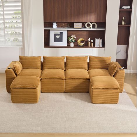 Modulares Sofa 4-Sitzer mit 2 Hockern, Kissen, Getränkehalter und 2 Seitentaschen, in Cordvelours orange (1/5)