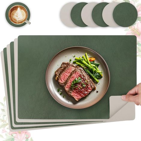 Set de table lavable antidérapant, lot de 6 en cuir PU double face, 43x30cm, vert et gris clair. (1/5)