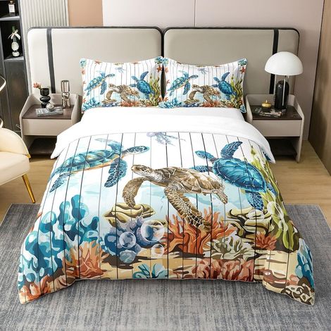 Tortue Coton Sets de Housse de Couette Reptile Tortoise Parure de Lit 240x260cm Océan Marine Housse de Couette sous l'eau Animaux Modèle Étoile de mer Plage Parure Housse de Couette - 260 x 240 cm + 2 (1/5)