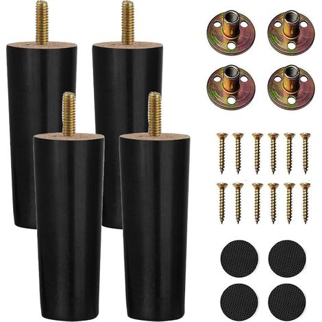 4 pieds pour meuble en bois, Pieds noirs pour meuble et canapés, Pieds en hêtre, Pieds de table, Pieds d'armoires, fauteuils, lit, canapés, tables de chevet (15 cm/5,90 pouces, Noir) (1/5)
