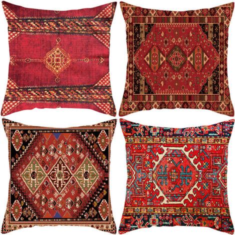 QORVA-Lot de 4 housses de coussin 45x45cm – Motif abstrait ethnique turc rouge – Lin de coton respirant – Décoratif pour salon et chambre