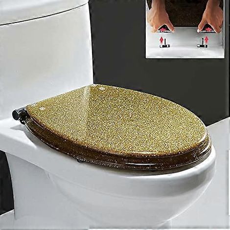 Abattant de toilettes rond en résine pailletée, fermeture douce et amortie, installation et nettoyage faciles, 36 x 42 cm, couleur or, taille universelle (1/5)