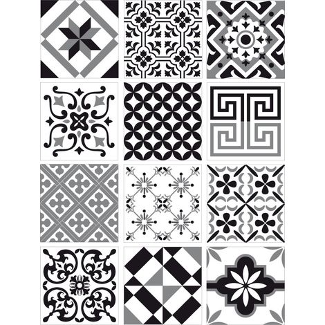 Stickers Carreaux de Ciment GREYBLACK – Planche de 12 Autocollants Muraux Noir Gris Blanc – 10 x 10 cm (1/5)