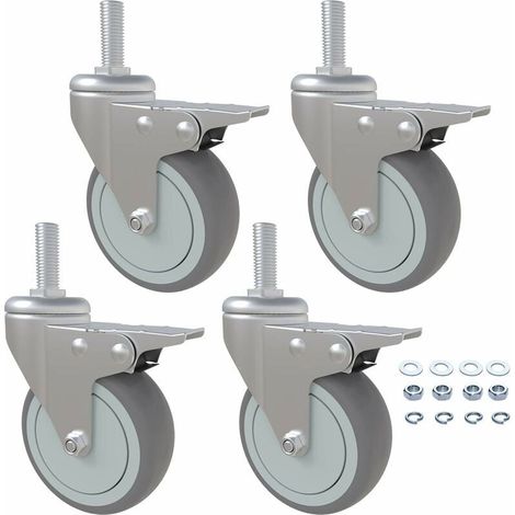 Roulettes TPR - 3 Pouces - Filetage M12 - Pivotantes avec Frein - Charge Maximale 70 kg par Roulette - Pour Meubles, Charriots Médicaux et Caddies