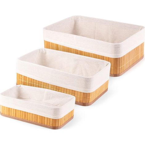 Lot de 3 paniers de Rangement en Bambou avec poignées, Bambou Naturel, Doublure en Tissu（30x20x12cm，24.5x15x10cm，19.5x10x8cm）