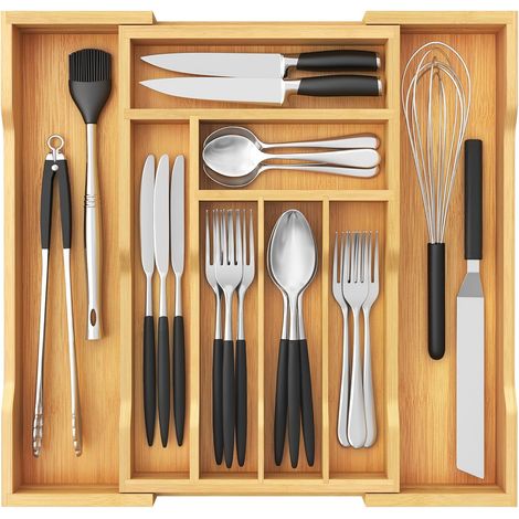 Range-couverts pour tiroirs, profondeur 38 cm, Organiseur de tiroir extensible jusqu'à 46 cm de largeur, Organiseur de tiroir de cuisine, Porte-couverts en bambou pour cuillères/fourchettes (1/5)